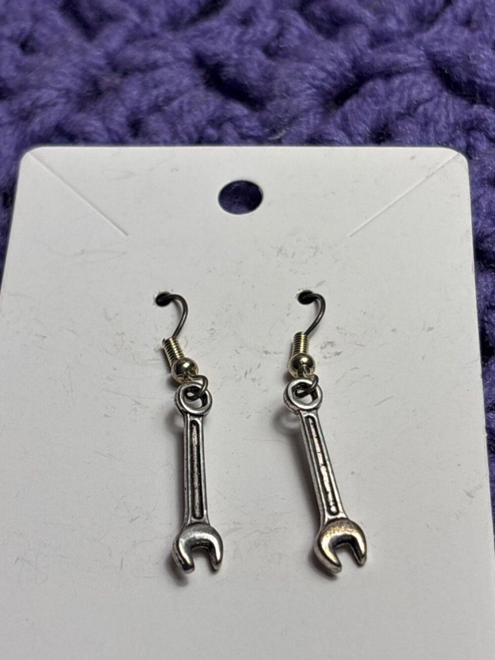 Silvertone Wrench Dangle Earrings 1 inch